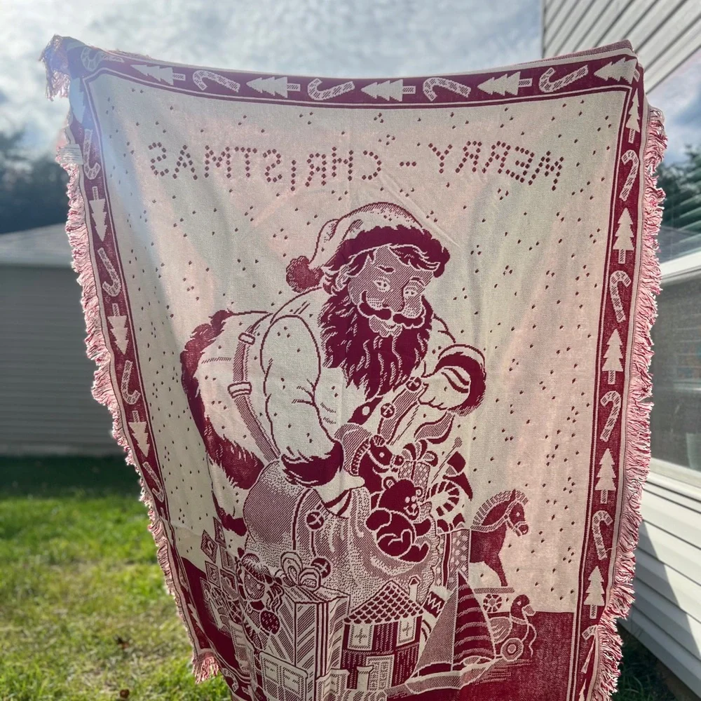 VTG Creepy Eyed Santa Tapestry Throw Blanket 58x47 Christmas